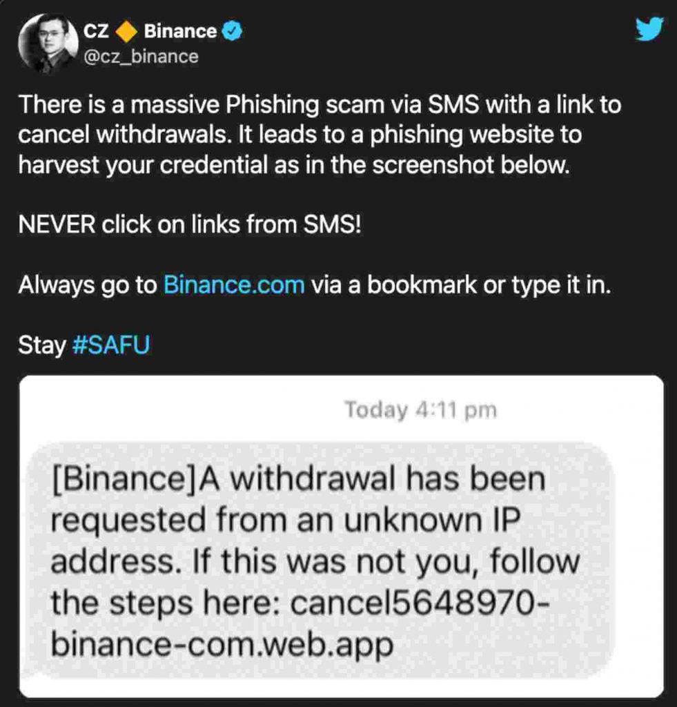 tweet sms Binance truffa prelievi